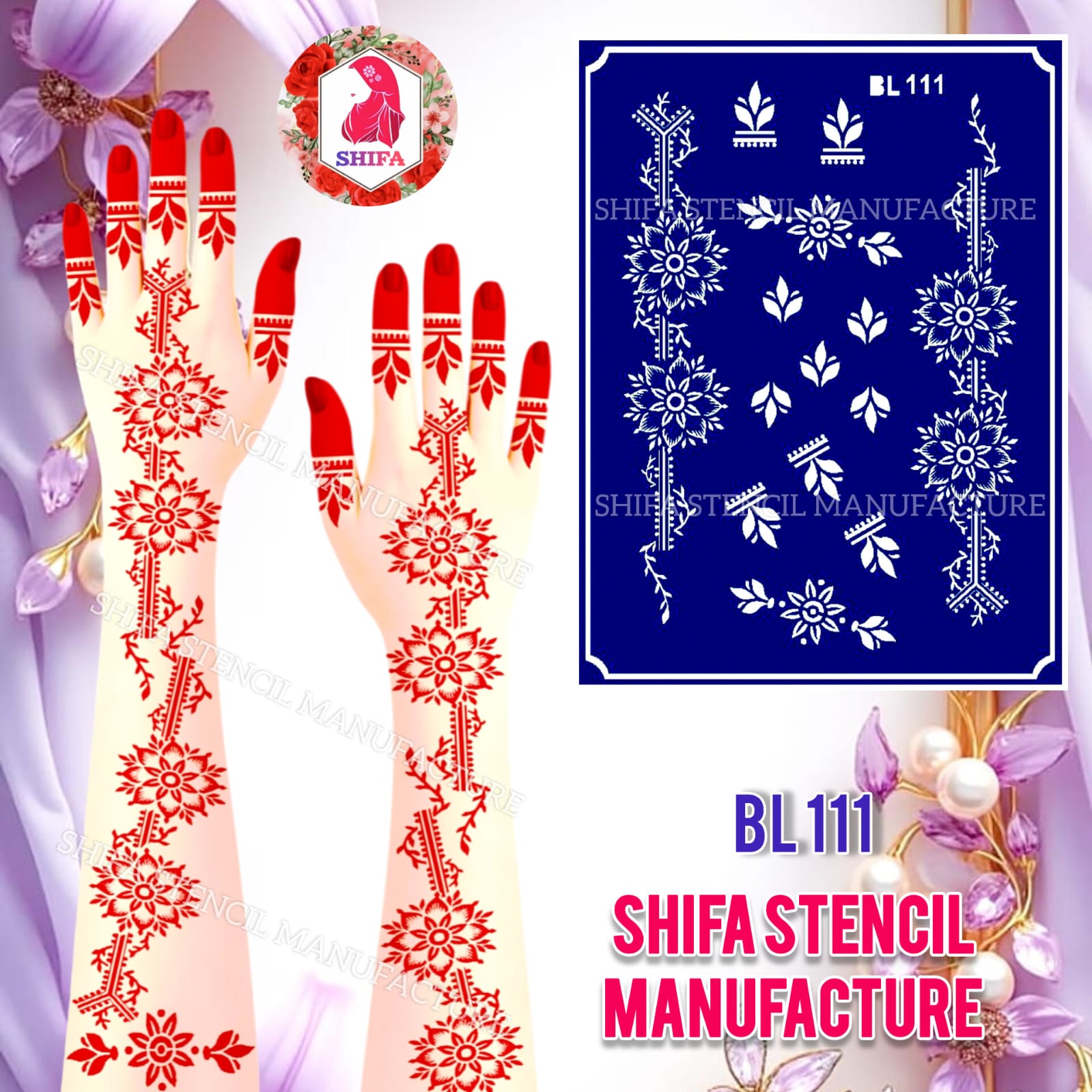 BL 111 Royal Floral Trail Sticker Overview Henna Stencil - Shifa Stencil